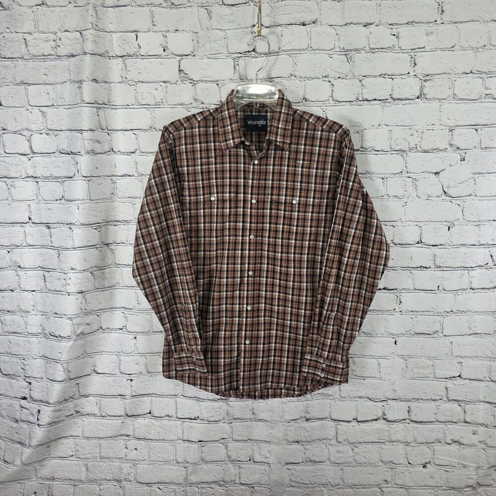 Wrangler Men's XL Brown Plaid Pearl Snaps Long Sleeve Button Up Shirt